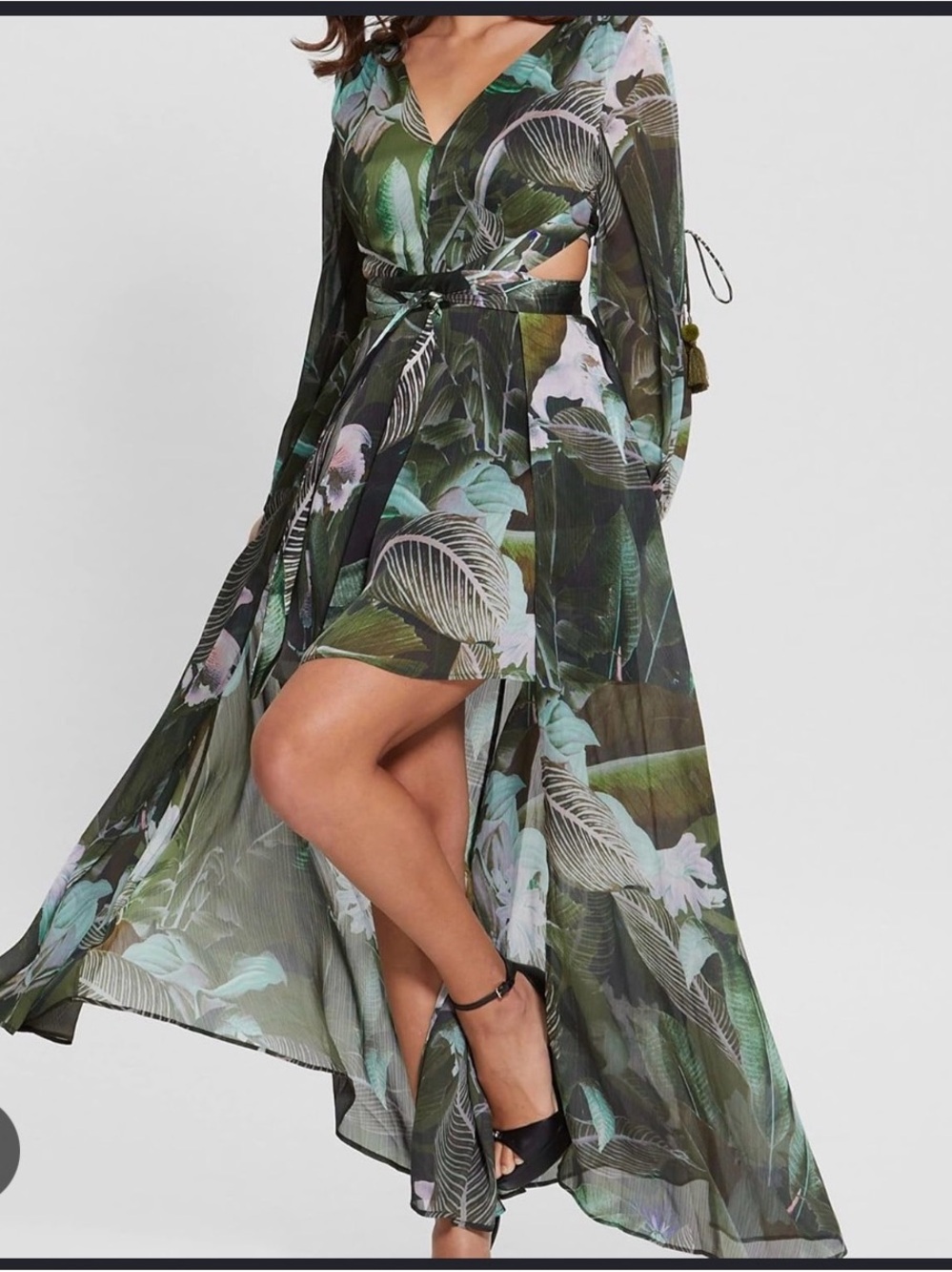 Guess Green Tropical Leaf Print Wrap Maxi Dress